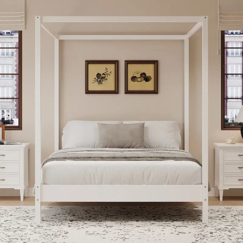 Solid Pine Wood Four-Poster Canopy Bed Frame with Wood Slat Support, No Box Spring Needed