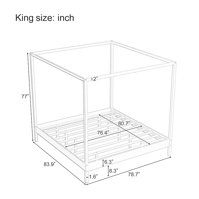 Solid Pine Wood Four-Poster Canopy Bed Frame with Wood Slat Support, No Box Spring Needed