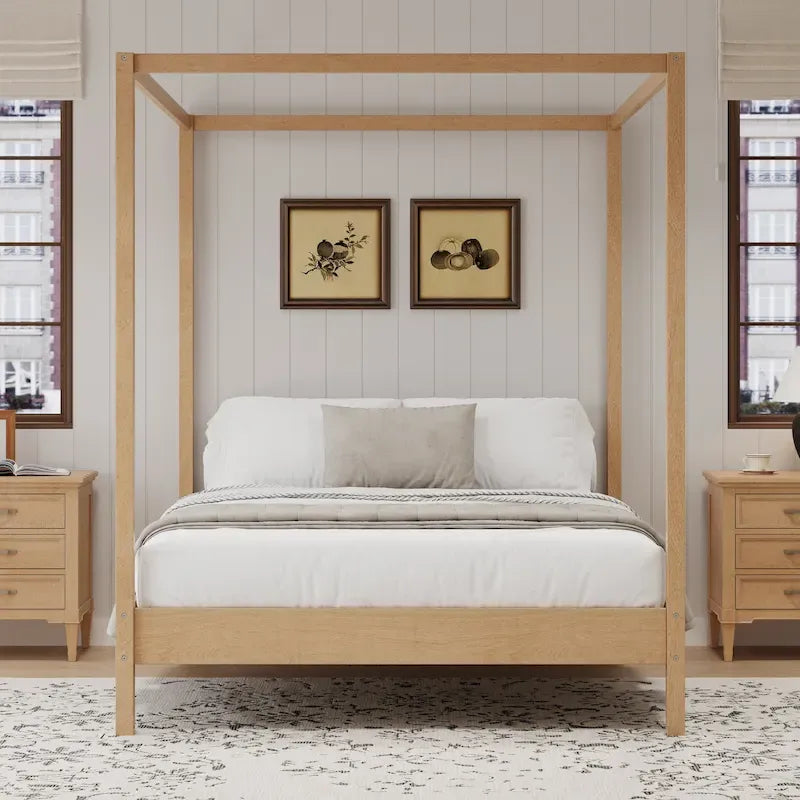 Solid Pine Wood Four-Poster Canopy Bed Frame with Wood Slat Support, No Box Spring Needed