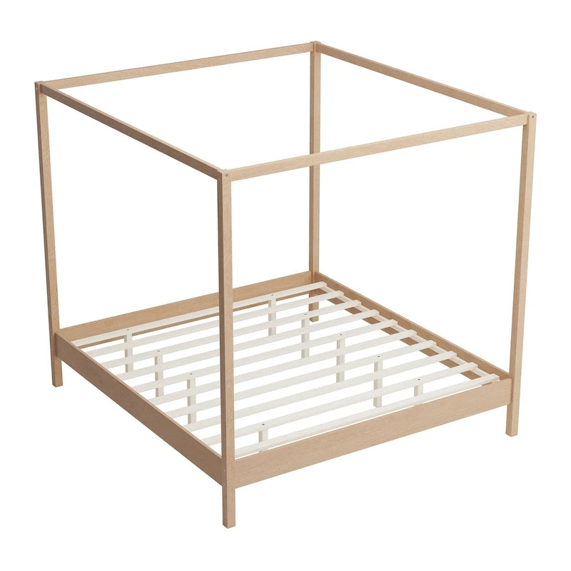 Solid Pine Wood Four-Poster Canopy Bed Frame with Wood Slat Support, No Box Spring Needed