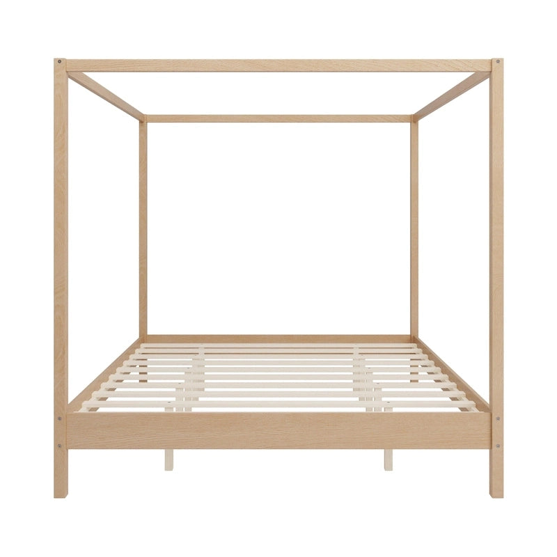 Solid Pine Wood Four-Poster Canopy Bed Frame with Wood Slat Support, No Box Spring Needed