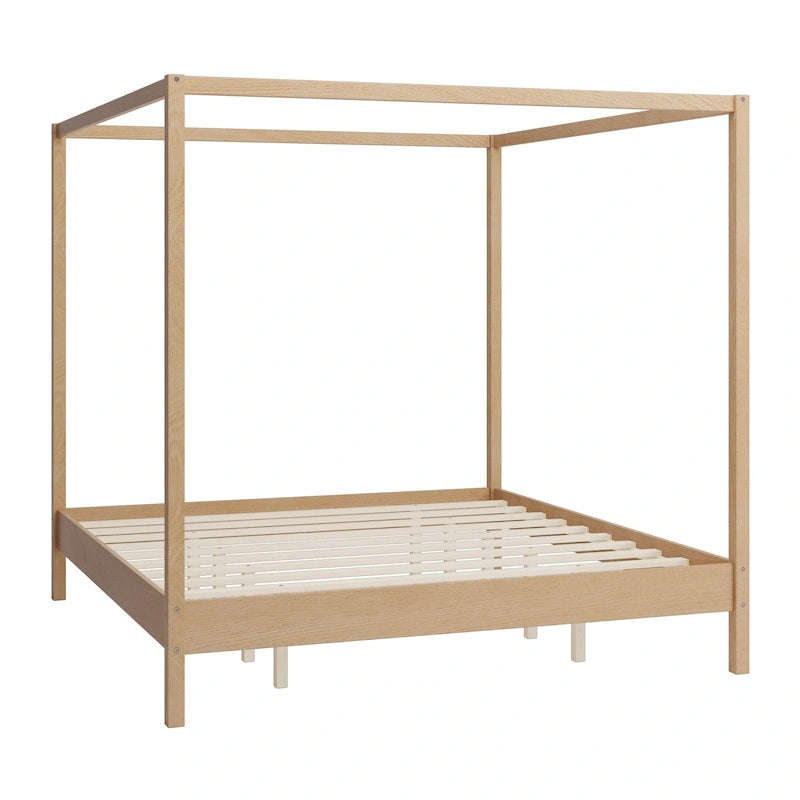 Solid Pine Wood Four-Poster Canopy Bed Frame with Wood Slat Support, No Box Spring Needed