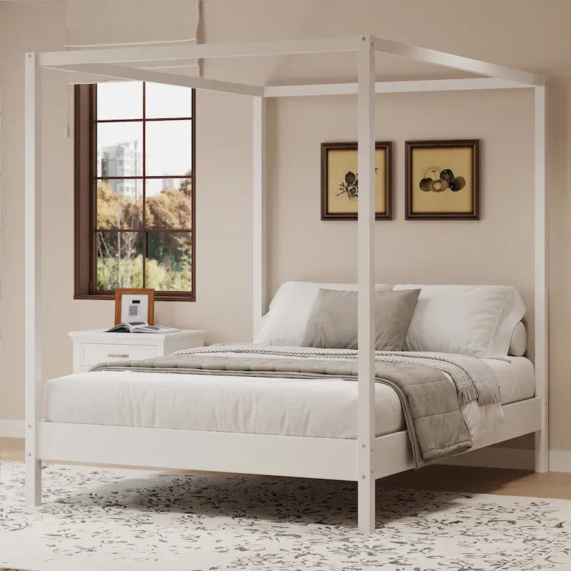 Solid Pine Wood Four-Poster Canopy Bed Frame with Wood Slat Support, No Box Spring Needed