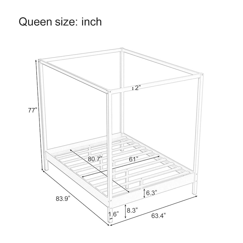 Solid Pine Wood Four-Poster Canopy Bed Frame with Wood Slat Support, No Box Spring Needed
