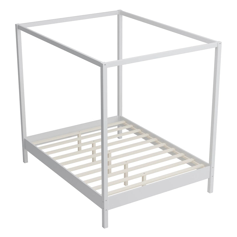 Solid Pine Wood Four-Poster Canopy Bed Frame with Wood Slat Support, No Box Spring Needed