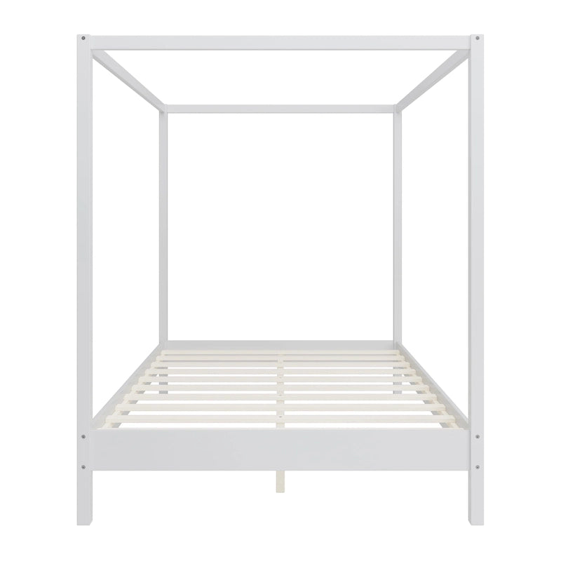 Solid Pine Wood Four-Poster Canopy Bed Frame with Wood Slat Support, No Box Spring Needed