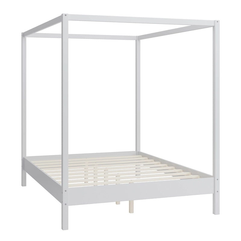 Solid Pine Wood Four-Poster Canopy Bed Frame with Wood Slat Support, No Box Spring Needed