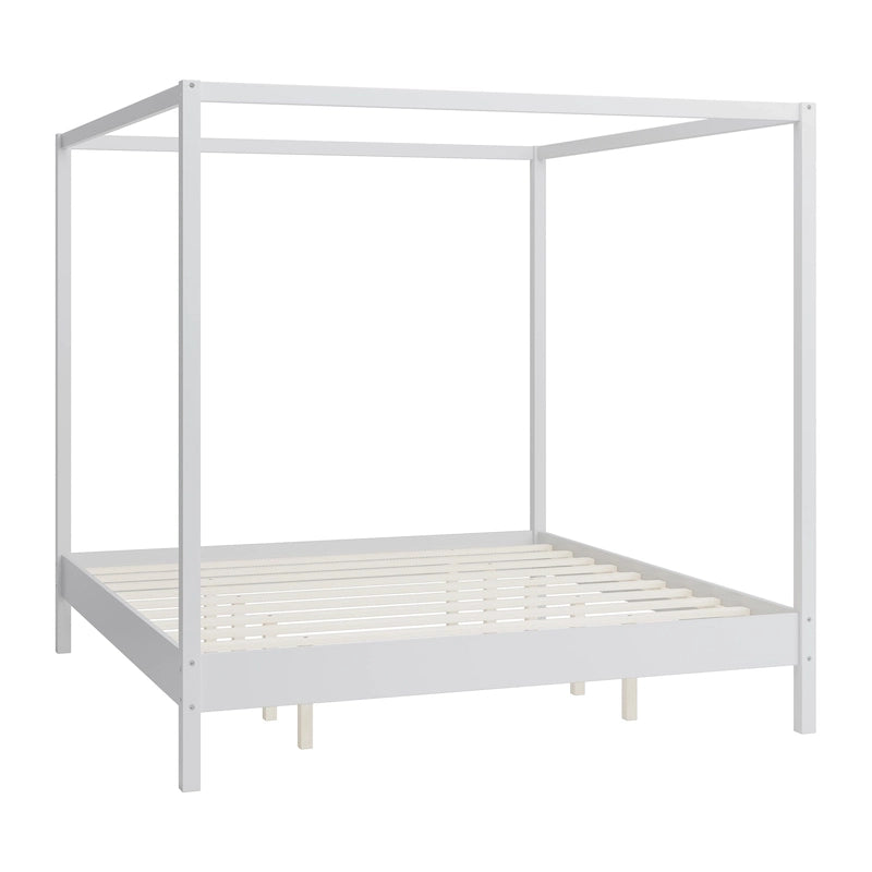 Solid Pine Wood Four-Poster Canopy Bed Frame with Wood Slat Support, No Box Spring Needed