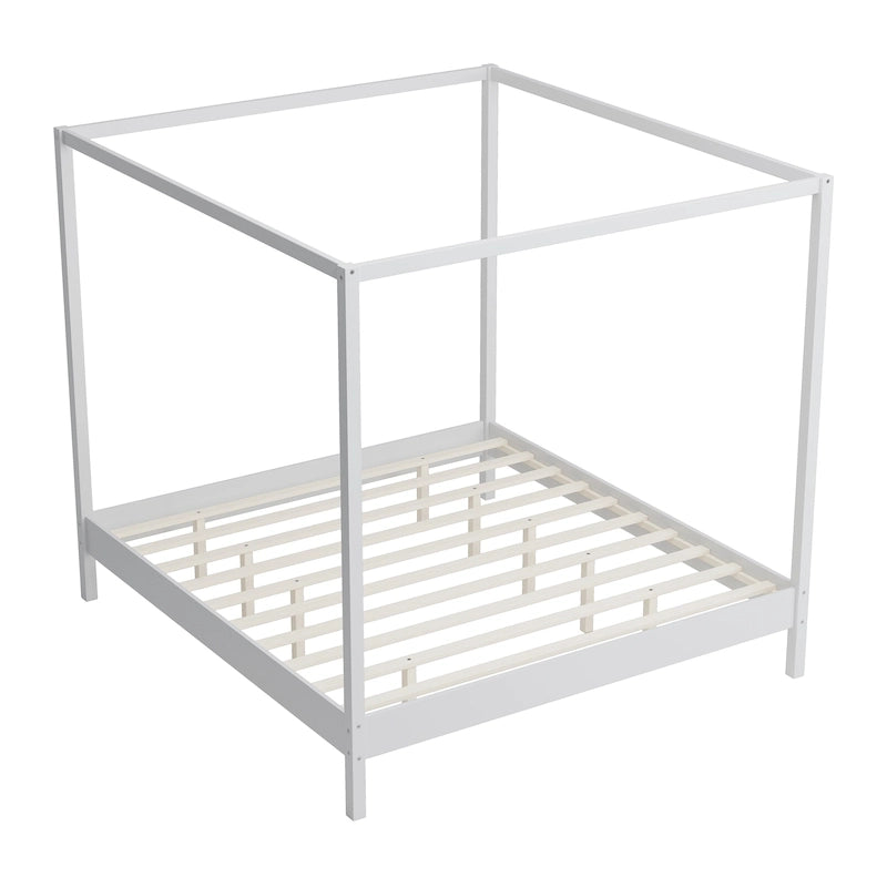 Solid Pine Wood Four-Poster Canopy Bed Frame with Wood Slat Support, No Box Spring Needed