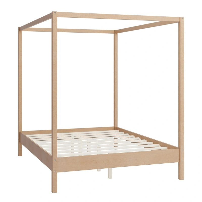 Solid Pine Wood Four-Poster Canopy Bed Frame with Wood Slat Support, No Box Spring Needed