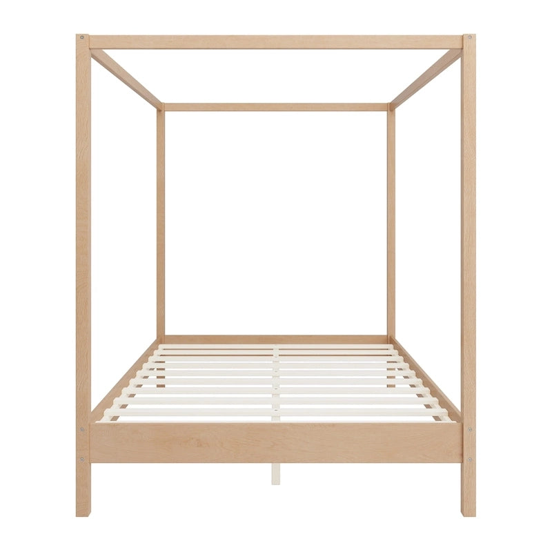Solid Pine Wood Four-Poster Canopy Bed Frame with Wood Slat Support, No Box Spring Needed