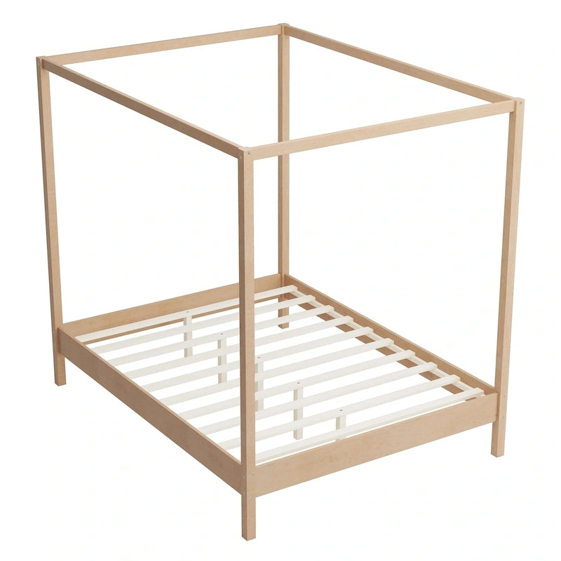 Solid Pine Wood Four-Poster Canopy Bed Frame with Wood Slat Support, No Box Spring Needed