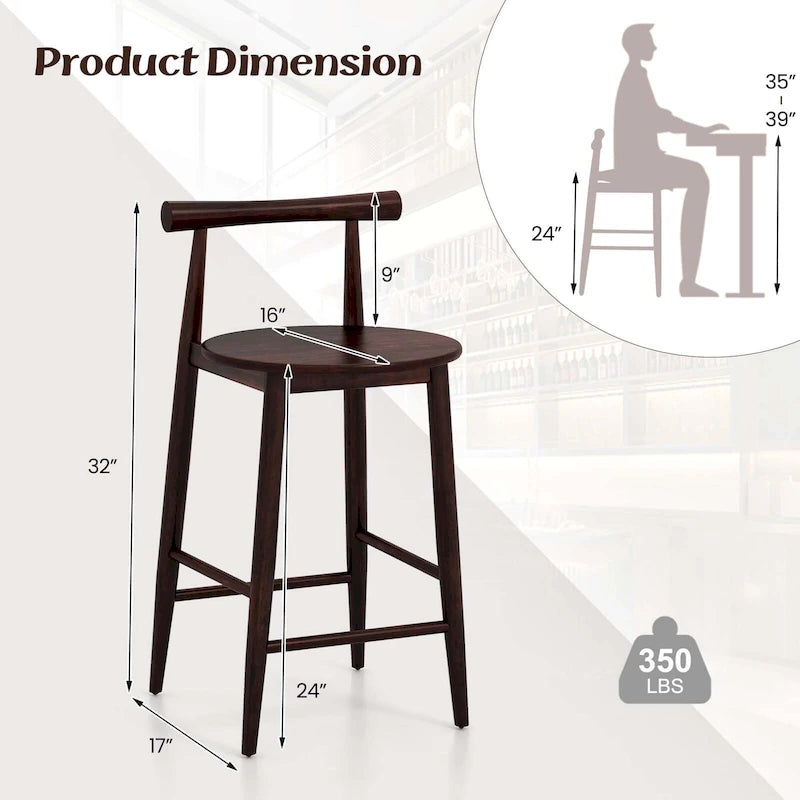 Acacia Wood Round Seat Counter Height Bar Stool with Footrest, Set of 2 or 4, Brown
