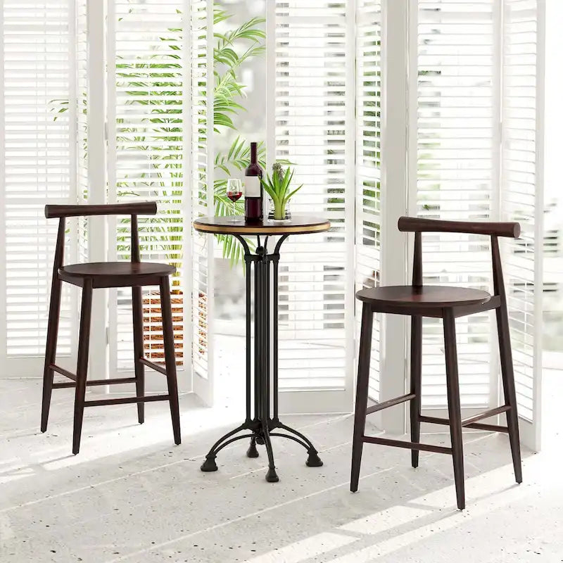 Acacia Wood Round Seat Counter Height Bar Stool with Footrest, Set of 2 or 4, Brown