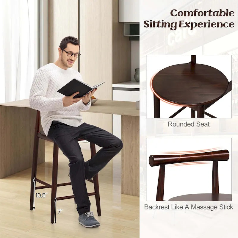 Acacia Wood Round Seat Counter Height Bar Stool with Footrest, Set of 2 or 4, Brown