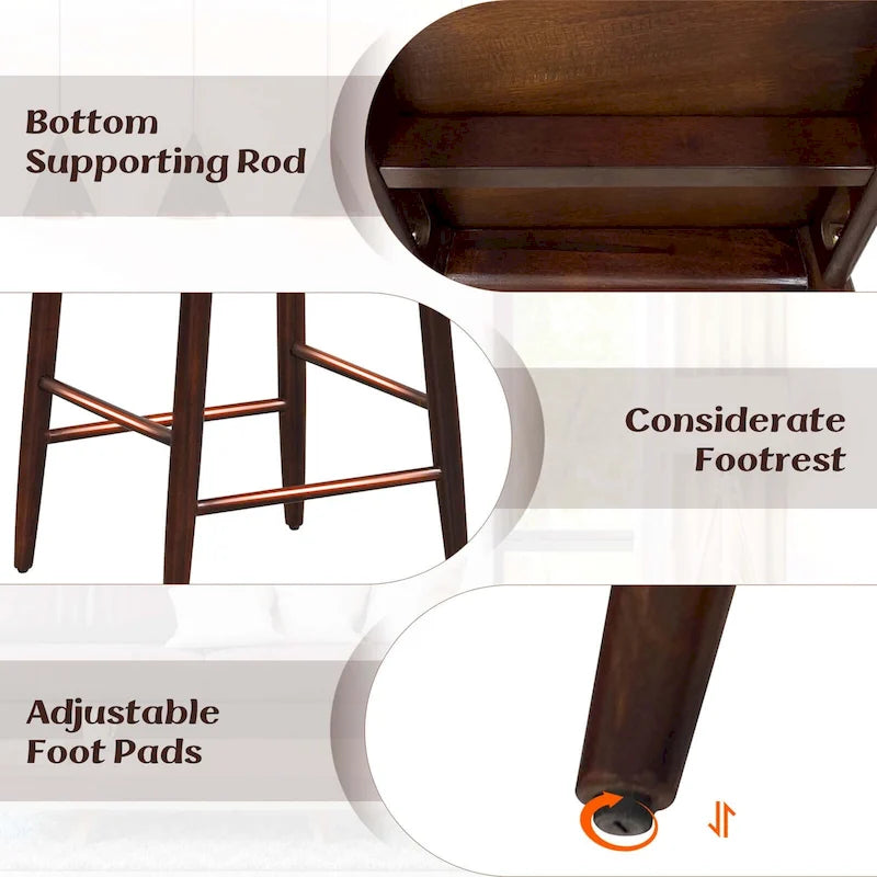 Acacia Wood Round Seat Counter Height Bar Stool with Footrest, Set of 2 or 4, Brown