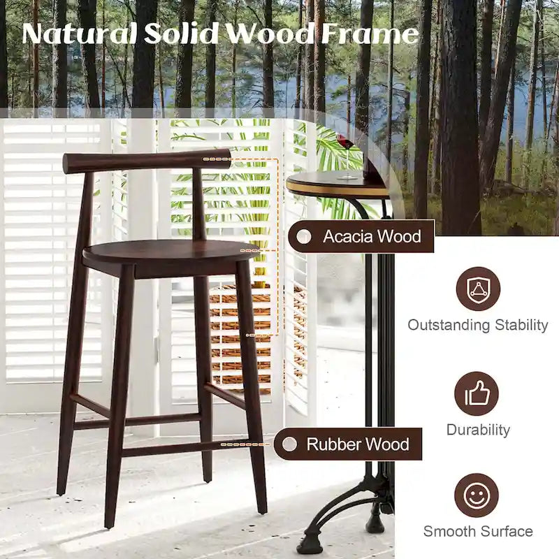Acacia Wood Round Seat Counter Height Bar Stool with Footrest, Set of 2 or 4, Brown