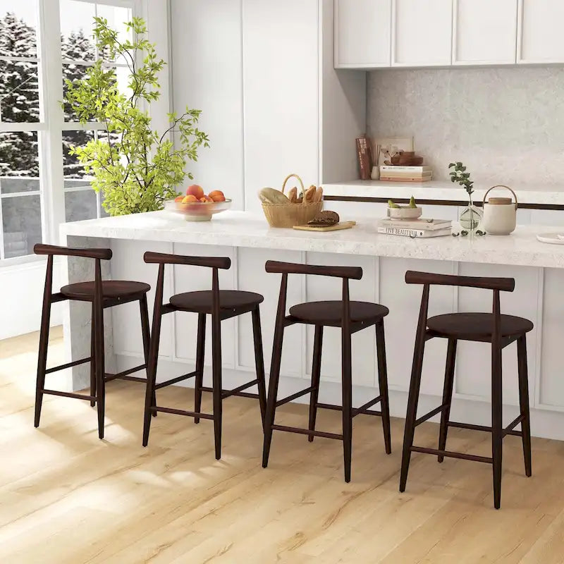 Acacia Wood Round Seat Counter Height Bar Stool with Footrest, Set of 2 or 4, Brown