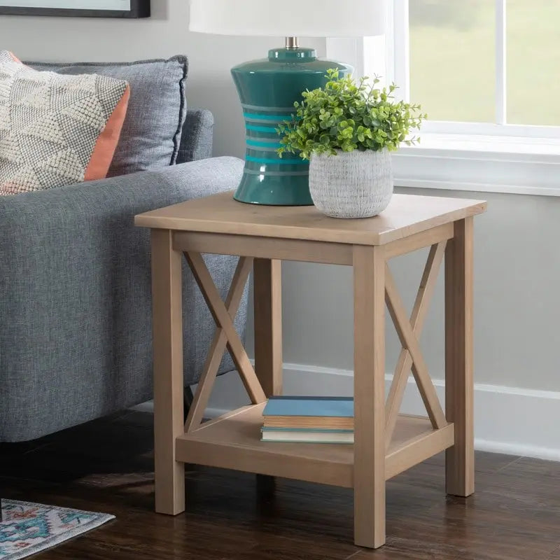 Modern Farmhouse Solid Pine X-Base End Table with Lower Shelf, Multi-Color
