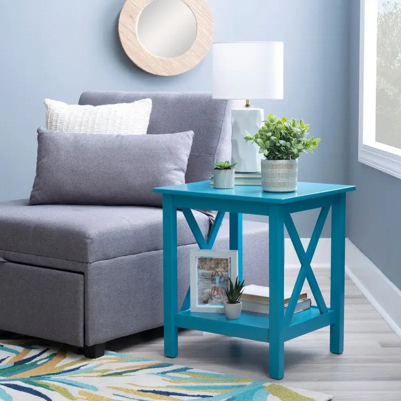 Modern Farmhouse Solid Pine X-Base End Table with Lower Shelf, Multi-Color