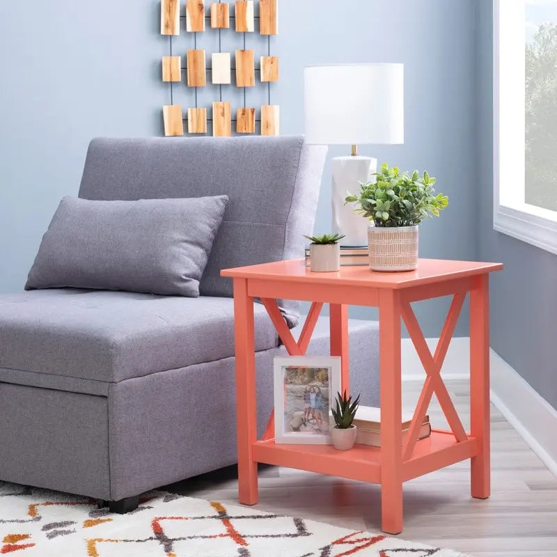 Modern Farmhouse Solid Pine X-Base End Table with Lower Shelf, Multi-Color