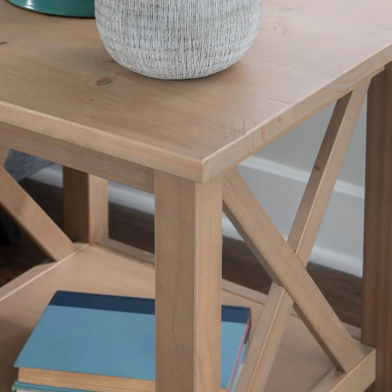 Modern Farmhouse Solid Pine X-Base End Table with Lower Shelf, Multi-Color