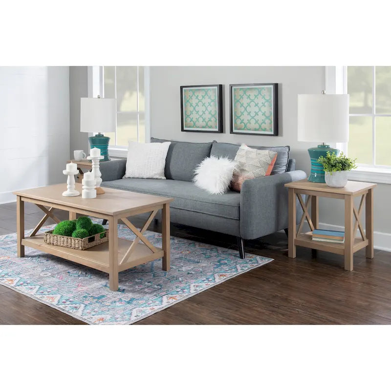 Modern Farmhouse Solid Pine X-Base End Table with Lower Shelf, Multi-Color