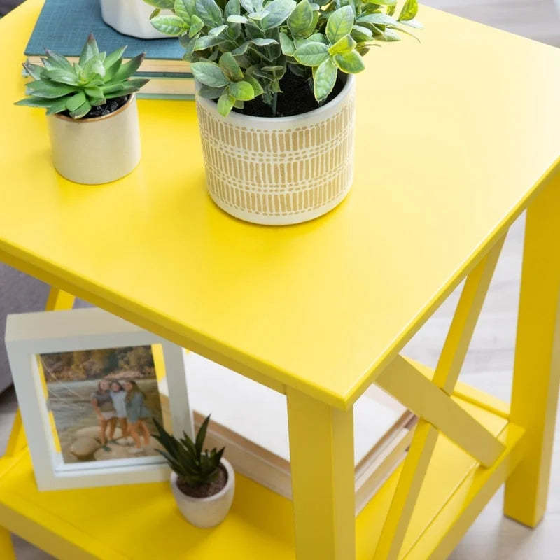 Modern Farmhouse Solid Pine X-Base End Table with Lower Shelf, Multi-Color