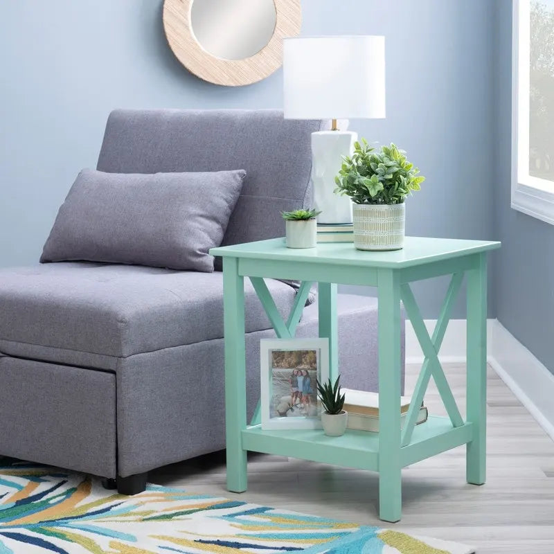 Modern Farmhouse Solid Pine X-Base End Table with Lower Shelf, Multi-Color