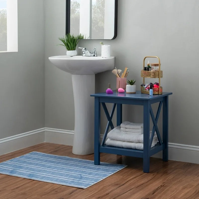 Modern Farmhouse Solid Pine X-Base End Table with Lower Shelf, Multi-Color