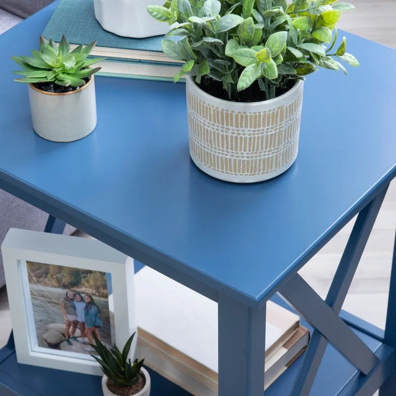 Modern Farmhouse Solid Pine X-Base End Table with Lower Shelf, Multi-Color