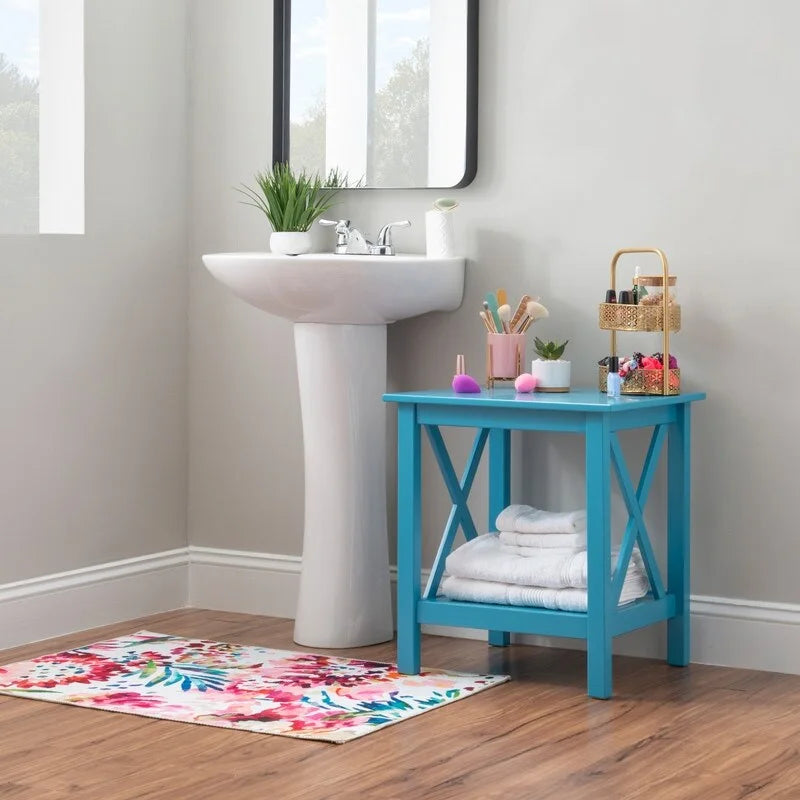 Modern Farmhouse Solid Pine X-Base End Table with Lower Shelf, Multi-Color
