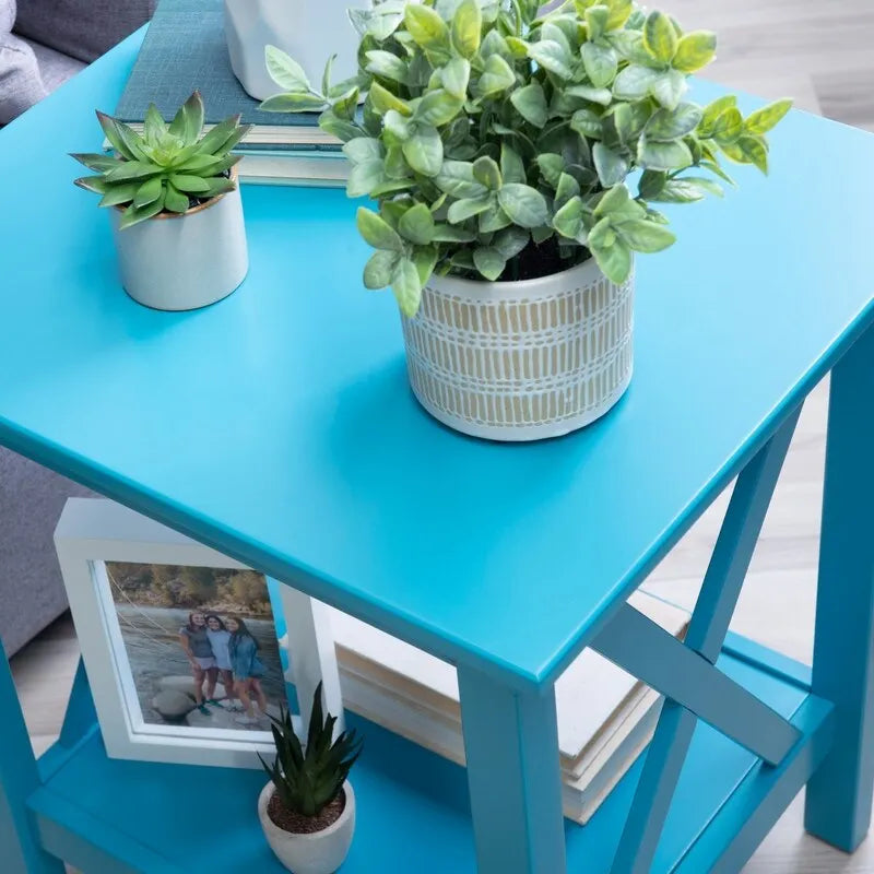 Modern Farmhouse Solid Pine X-Base End Table with Lower Shelf, Multi-Color