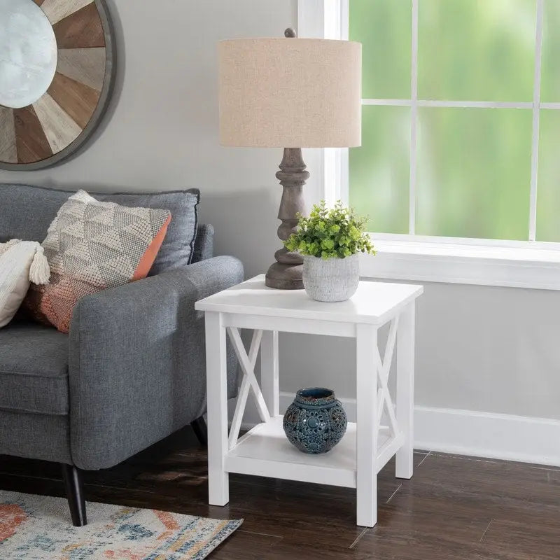 Modern Farmhouse Solid Pine X-Base End Table with Lower Shelf, Multi-Color