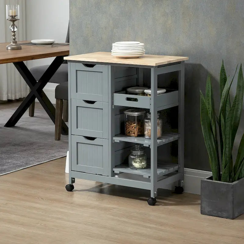 Rolling Kitchen Island Cart with Rubberwood Top, 3 Drawers and 3 Shelves, Multi-Color