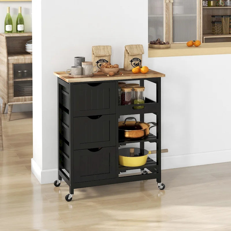Rolling Kitchen Island Cart with Rubberwood Top, 3 Drawers and 3 Shelves, Multi-Color