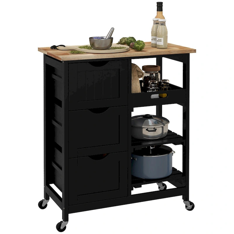 Rolling Kitchen Island Cart with Rubberwood Top, 3 Drawers and 3 Shelves, Multi-Color
