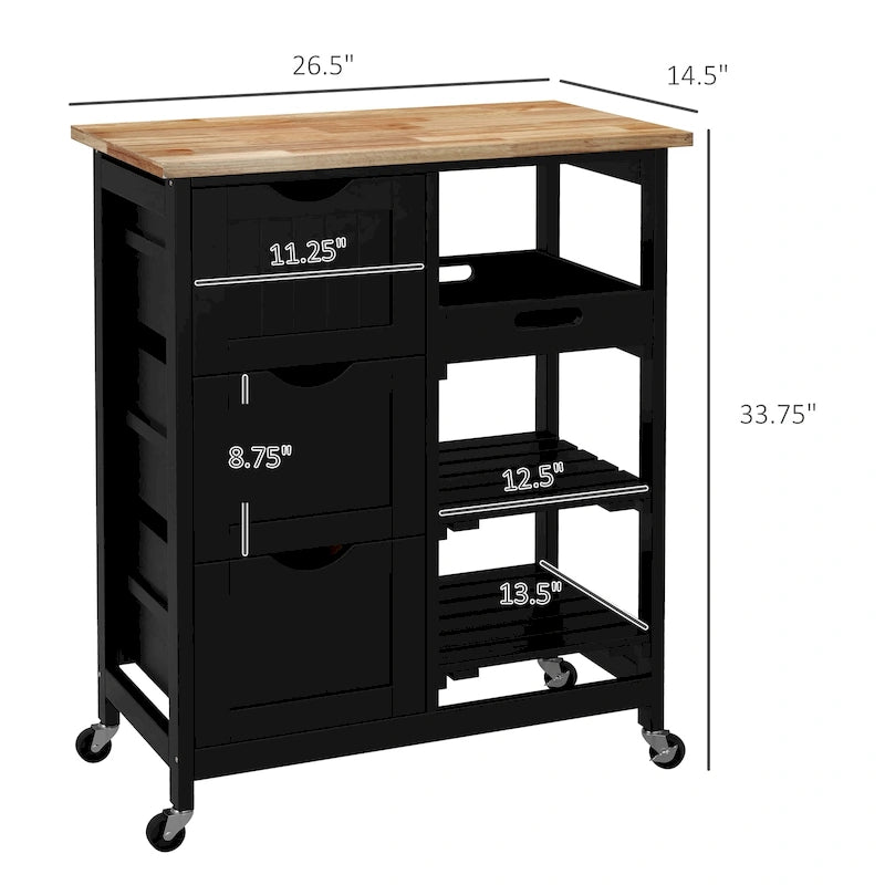 Rolling Kitchen Island Cart with Rubberwood Top, 3 Drawers and 3 Shelves, Multi-Color