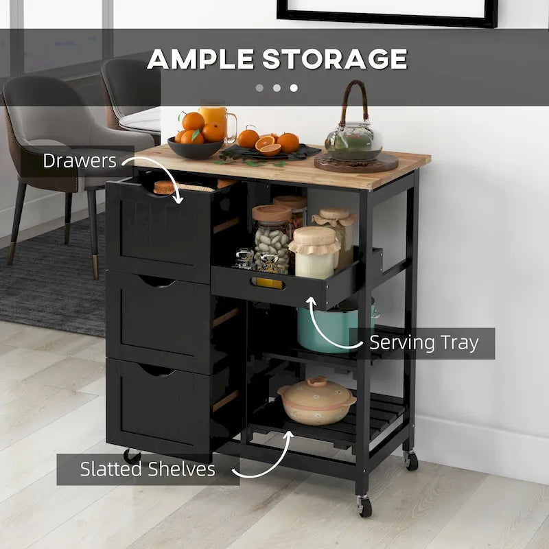 Rolling Kitchen Island Cart with Rubberwood Top, 3 Drawers and 3 Shelves, Multi-Color