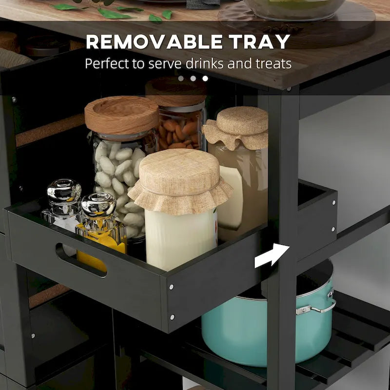 Rolling Kitchen Island Cart with Rubberwood Top, 3 Drawers and 3 Shelves, Multi-Color