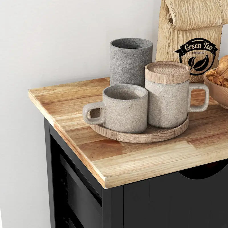 Rolling Kitchen Island Cart with Rubberwood Top, 3 Drawers and 3 Shelves, Multi-Color