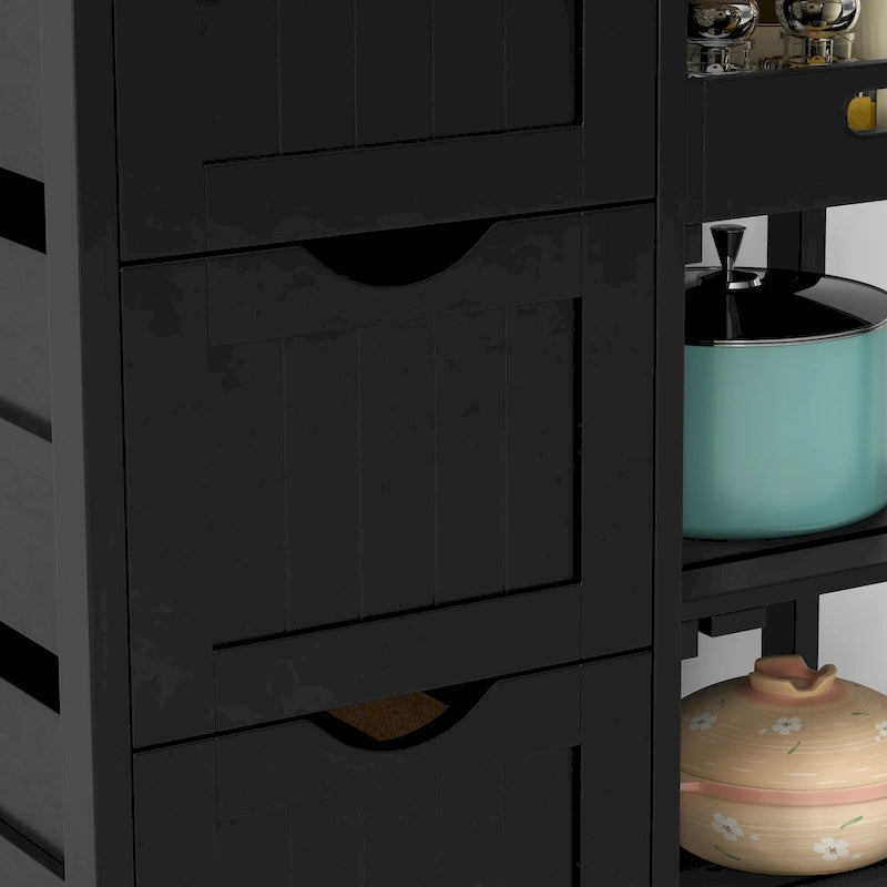 Rolling Kitchen Island Cart with Rubberwood Top, 3 Drawers and 3 Shelves, Multi-Color