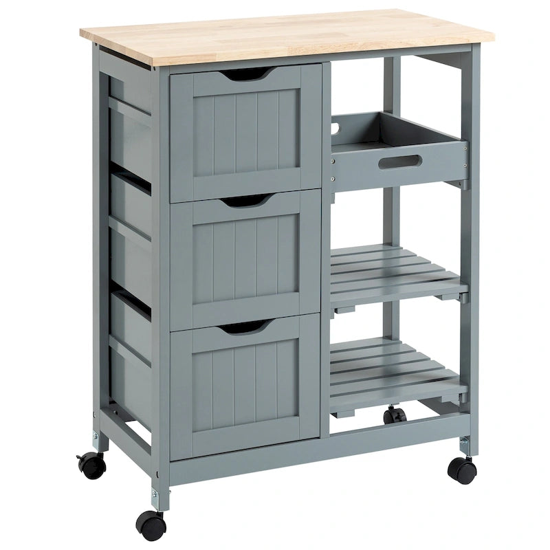 Rolling Kitchen Island Cart with Rubberwood Top, 3 Drawers and 3 Shelves, Multi-Color