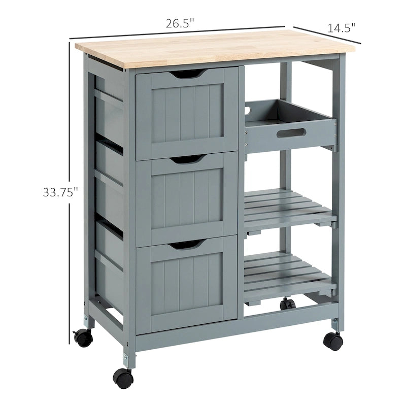 Rolling Kitchen Island Cart with Rubberwood Top, 3 Drawers and 3 Shelves, Multi-Color