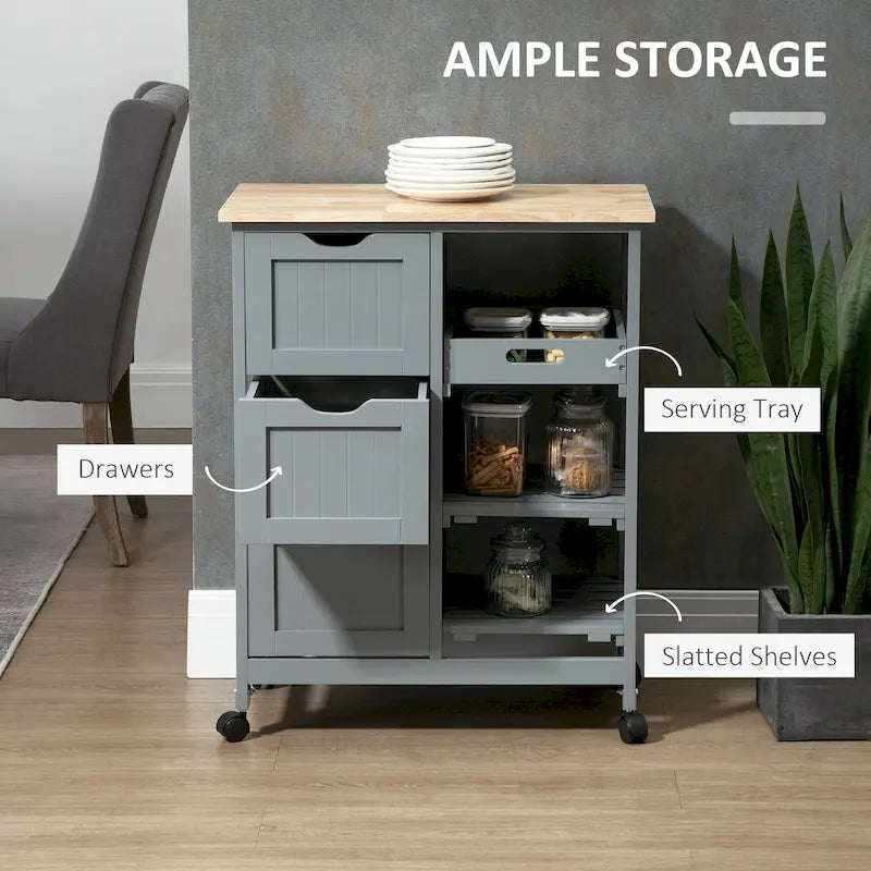 Rolling Kitchen Island Cart with Rubberwood Top, 3 Drawers and 3 Shelves, Multi-Color