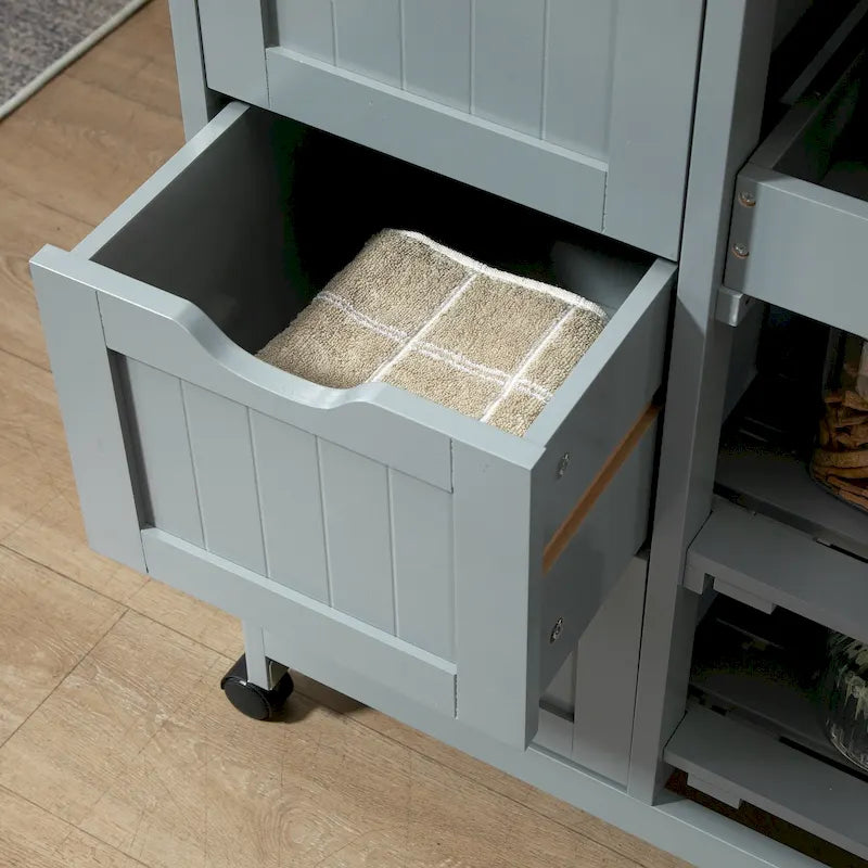 Rolling Kitchen Island Cart with Rubberwood Top, 3 Drawers and 3 Shelves, Multi-Color