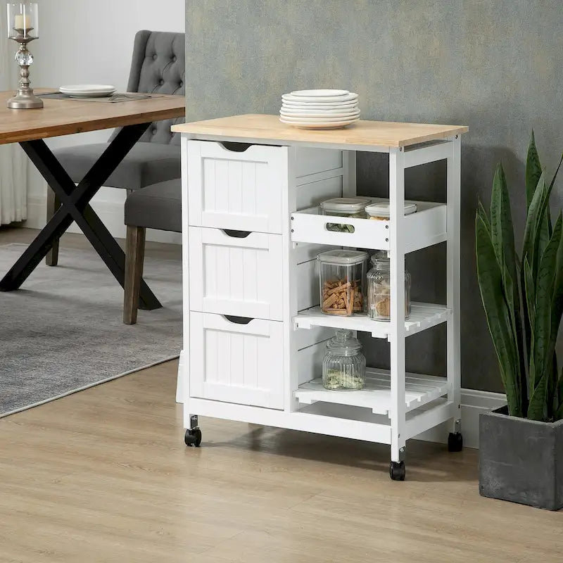 Rolling Kitchen Island Cart with Rubberwood Top, 3 Drawers and 3 Shelves, Multi-Color
