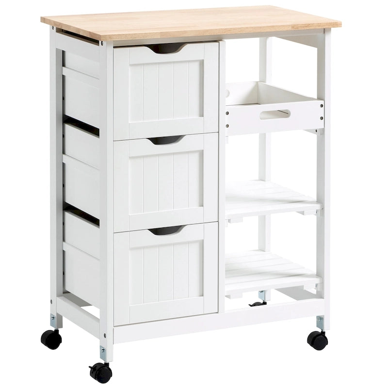 Rolling Kitchen Island Cart with Rubberwood Top, 3 Drawers and 3 Shelves, Multi-Color
