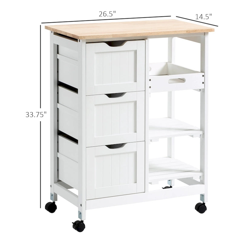 Rolling Kitchen Island Cart with Rubberwood Top, 3 Drawers and 3 Shelves, Multi-Color