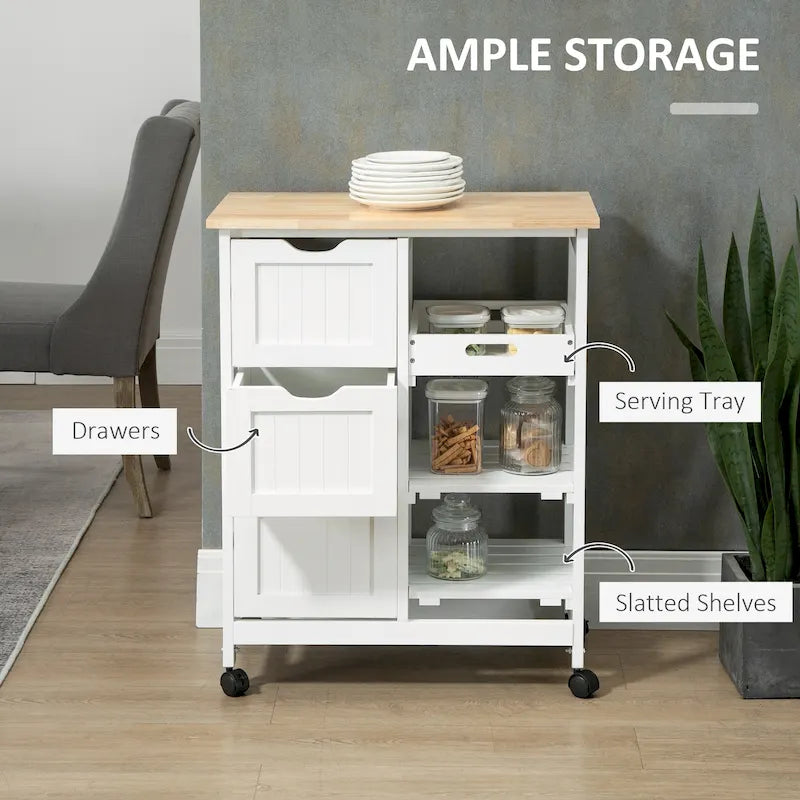 Rolling Kitchen Island Cart with Rubberwood Top, 3 Drawers and 3 Shelves, Multi-Color